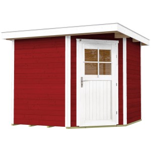 Abri de jardin en bois Weka Angolo B, toit plat, rouge suédois, avec porte blanche. Abri de jardin pour outils.