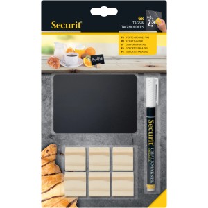 Securit Kreidetafelplättchen A7 Set mit 6 Haltern & Stift, ideal für Keilrahmen Beschriftung.