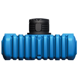 4rain Flat S 4.500 l : Cuve enterrée bleue avec rehausse de puits noire et couvercle.