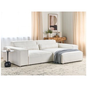 Canapé d'angle blanc Beliani Hellnar en tissu bouclé, 176x262cm. Canapé moderne avec méridienne et coussins.