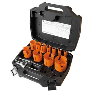 Set di seghe a tazza Mandrex SuperXcut Carbide in valigetta nera, con seghe a tazza arancioni e punte da trapano.