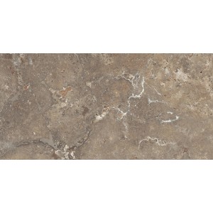 Carrelage de sol mat Travertino en grès cérame, 60x30 cm, aspect marbre brun café pour intérieur.