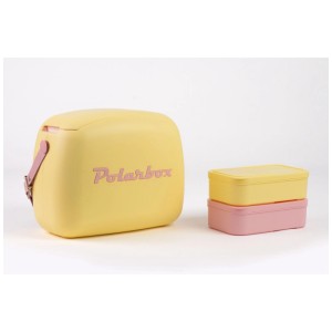 Gelbe Polarbox Kühlbox 6l mit rosa Details und zwei Frischhaltedosen.