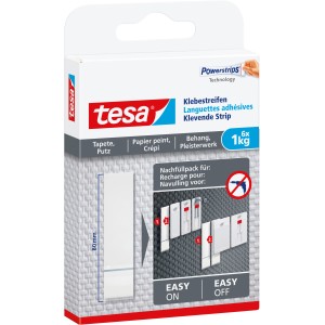 Bandes adhésives Tesa pour papier peint et plâtre, 6 pièces, pour accrocher des objets jusqu'à 1 kg sans dommage.