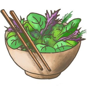 Blu Bio-Salade asiatique en pot avec baguettes. Légumes feuilles pour salades et sautés.