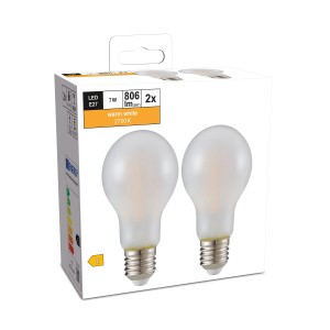 Set 2 lampadine LED E27, forma classica, 7W, 806lm, luce calda, nella confezione.