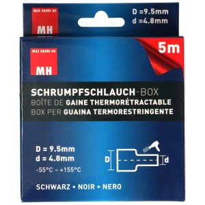 Box di guaina termorestringente nera, 9,5 - 4,8 mm, rotolo da 5 m per tagli personalizzati.