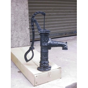 Pompe à main noire nostalgique en fonte avec éléments décoratifs floraux.