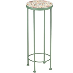 Grüner Mica Decorations Pflanzentisch Bologna aus Eisen mit runder, floral gemusterter Tischplatte für Garten & Balkon.