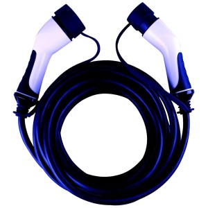 E-Ladekabel Typ 2, 5 m, für Elektroautos und Hybride. Ladekabel mit Stecker an beiden Enden, aufgerollt.
