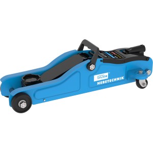 Cric a carrello Güde GRH 2/330 L blu, capacità di sollevamento 2 t, con maniglia e ruote per officina e garage.