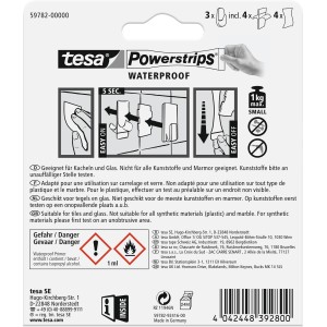 Tesa Crochets adhésifs Waterproof, lot de 3 avec Powerstrips pour pièces humides, supporte jusqu'à 1 kg.