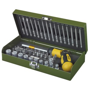 Set cacciaviti Proxxon 54 pezzi in scatola d'acciaio verde con inserti, bussole e cacciavite.