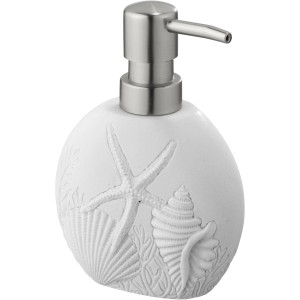 Dispenser sapone Wenko Maloto bianco con rilievo di stella marina e conchiglie.