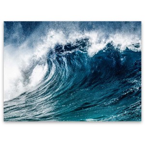 Quadro in vetro Wave 70x100cm: Dettaglio di un'onda alta e blu con spruzzi.