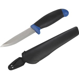 Coltello da outdoor LUX-TOOLS, 10 cm, blu-nero, con protezione lama. Robusto coltello per avventure all'aperto.