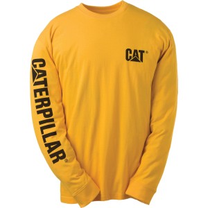 Maglietta a maniche lunghe gialla CAT con logo e scritta per abbigliamento da lavoro.