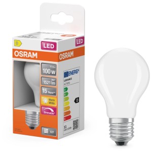 Lampadina LED Osram E27, filamento, opaca, 100W, bianco caldo. Classe efficienza energetica D.