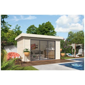 Pletscher Blockbohlenhaus Lia in giardino con ampia facciata in vetro e piscina. Casetta da giardino in legno di abete rosso.