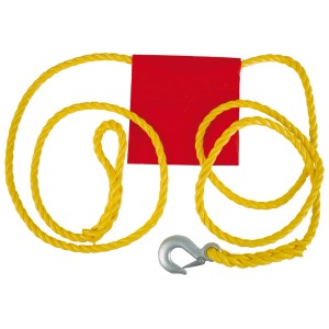 Corda da traino gialla con gancio ed etichetta rossa, fino a 2000 kg, 4 m di lunghezza.