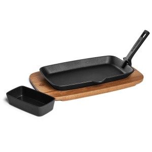 Padella Burnhard Fajita con tagliere in acacia e ciotola per salse smaltata.