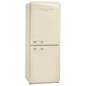 Trisa Retro-Kühlschrank Frescolino Classic in Creme, freistehend mit Chromgriffen.
