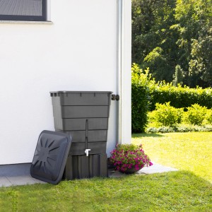 Supporto per serbatoio acqua piovana Garantia quadrato 300 l, grigio grafite, con coperchio e fiori