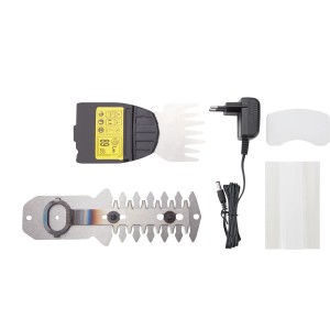Set cisaille à gazon et arbustes sans fil CMI C-AGS-3.6/10 avec accessoires et chargeur.