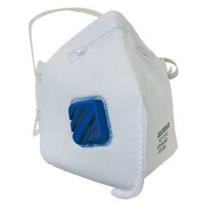 Masque pliable LUX FFP2 à valve, respirateur avec valve bleue et élastiques.
