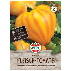Sperli graines de tomate Anacoeur, tomate en forme de cœur, jaune-rouge sur l'emballage.