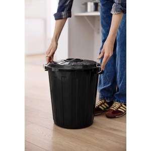 Schwarze Rotho Universal Tonne Basic 25 l mit Deckel und Metallverschlüssen. Mülleimer für Haus und Keller.