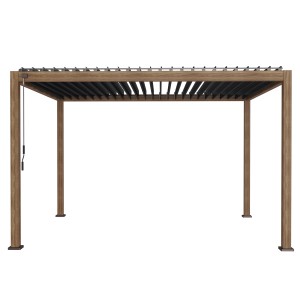 Pergola Mirador Deluxe 3x4 m moderna in marrone ebano con tetto a lamelle per patio e giardino.