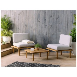 Set lounge Beliani Frascati 2 posti con tavolo, legno acacia, cuscini grigio chiaro.