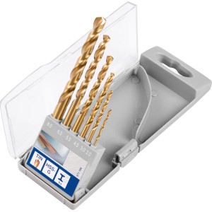 Set di punte elicoidali LUX TIN Comfort, 6 pezzi in custodia grigia. Punte dorate di varie dimensioni.
