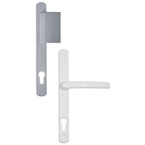 Ensemble de poignées Roro Contour, blanc/argent, pour accessoires de porte. Longue plaque en aluminium.