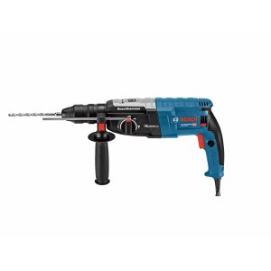Marteau perforateur Bosch Professional GBH 2-28 F bleu avec mandrin SDS plus et poignée supplémentaire.