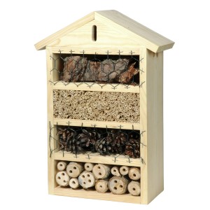 Hôtel à insectes Glarus FSC® en pin avec garniture naturelle pour insectes utiles.