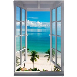 Maxiposter Beach Window: Blick aus einem weißen Fenster auf Strand, Palmen und türkisblaues Meer.