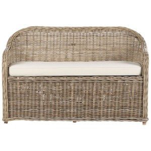 Banc de jardin Beliani Susua en rotin naturel avec coussin clair. Aspect tressé à la main pour jardin et terrasse.