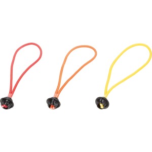 Lot de 3 tendeurs élastiques avec tête sphérique en rouge, orange et jaune pour la fixation des bagages.