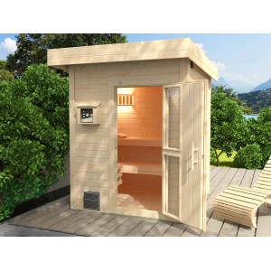 Sauna Weka Naantali 38 mm avec porte ouverte et bancs à l'intérieur.