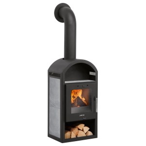 Poêle Justus Vegas, céramique grise, 6 kW. Poêle à combustion intermittente avec bois et zone de chauffe.