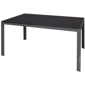Tavolo da giardino rettangolare con piano in polywood nero e struttura in alluminio.