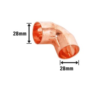 Raccordo a gomito in rame, diametro 28 mm, per collegamenti di tubi in rame in impianti di acqua potabile.