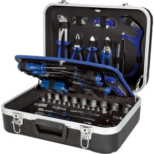 Mallette à outils LUX ouverte, 151 pièces, avec des outils tels que pinces, tournevis et douilles.