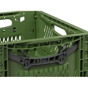 Caisse pliante verte (16l) avec poignées grises, idéale pour le jardin.
