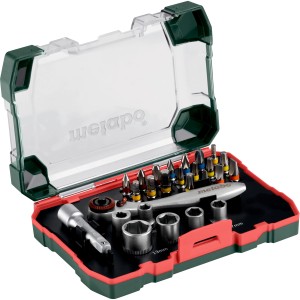 Metabo Bitbox avec jeu de cliquet 26 pièces, divers embouts, douilles et cliquet dans un coffret vert.
