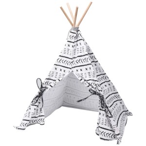 Cuccia Tipi per gatti in poliestere bianco e nero con pali in legno, 74x56x56 cm.