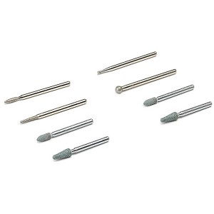 Dremel set incisione vetro 682, 8 pezzi: Dettaglio di diverse frese per vetro e metallo.