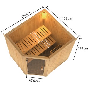 Sauna Karibu Bodo con ingresso ad angolo e porta in vetro bronzato, vista interna con panche e dimensioni.